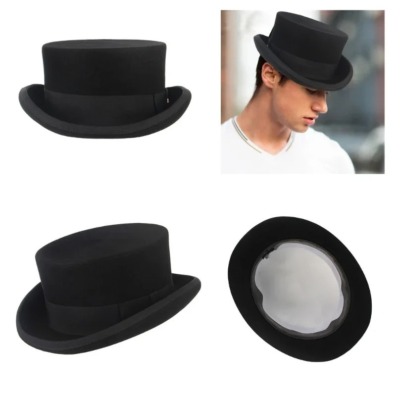 Roll Brim Fedora Hat for Adult Fashion Black Color Panama Hat Magician Wool Hat Cosplay Costume Unisex Flat Top Hat 6XDA 250407