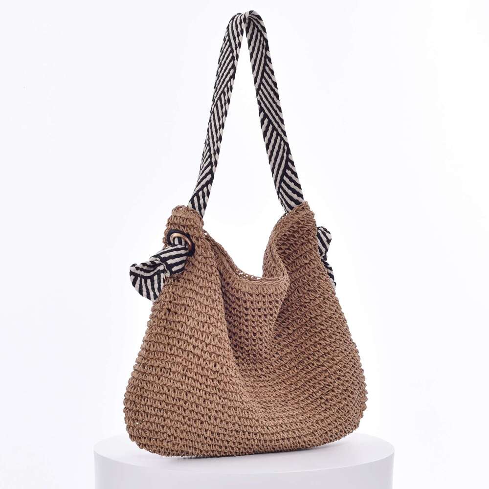 Handmade Beach Bag Navy Handmade Grass Woven Crochet Versatile Vacation Beach Ocean Style Black And White Strap Single Shoulder Women's Bag Kq2
