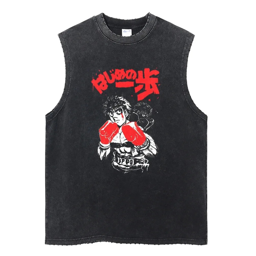 Harajuku Streetwear Washed Anime Print Tank Tops Fashion Ripped Casual Vest Men Summer Sleeveless Cotton Vintage Vest Tee Unisex 250415