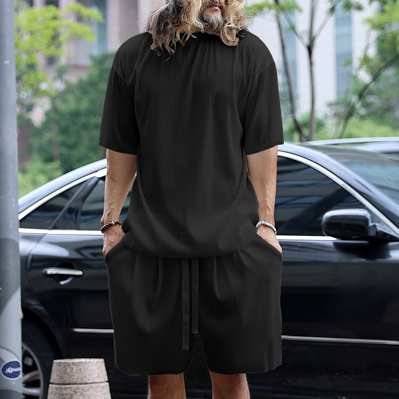 2025 Summer Men's Vertical Stripe Loose Short Sleeve Shorts Sports and Leisure Round Neck Two Piece Set for Men