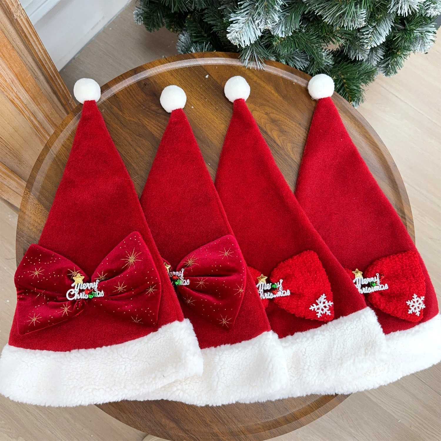 4/1x Soft Velvet Plush Large Bow Santa Claus Hat Caps Merry Christmas Hats for Women Adults Thickened New Year Party Decor Gift Y251115