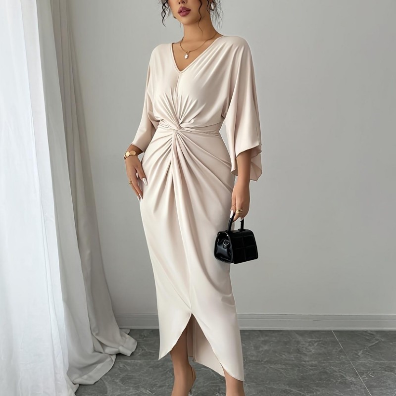 Urban Sexy Dresses Women's Beige Satin Bodycon Midi Dress - V-Neck Batwing Sleeve Twist Front Split Dress, Elegant Evening Party & Formal Occasio