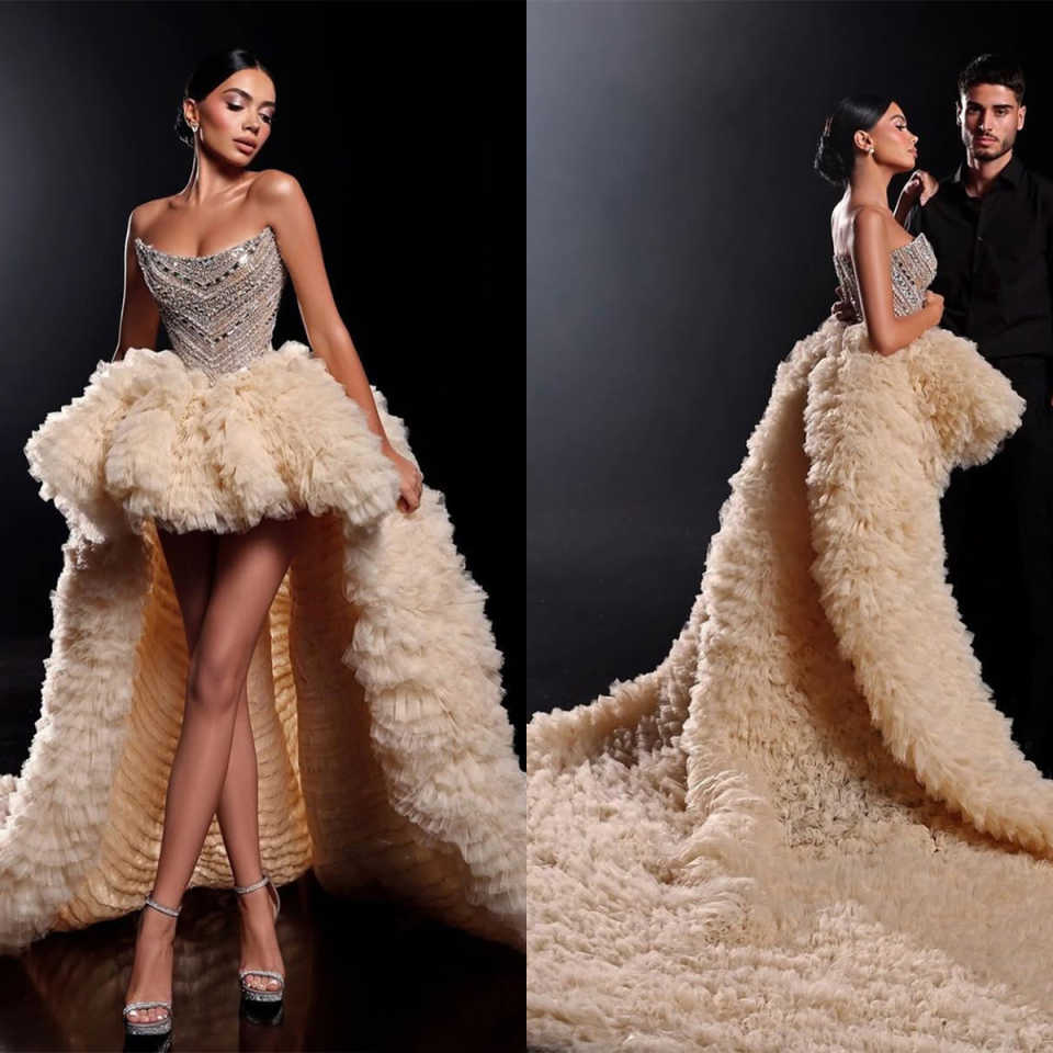 Prom Gown Fashion Show Short Evening Dress Pleated Tulle Tail Party Dresses Crystal Bridal Gowns Robes De Mariee Size Customized L241700