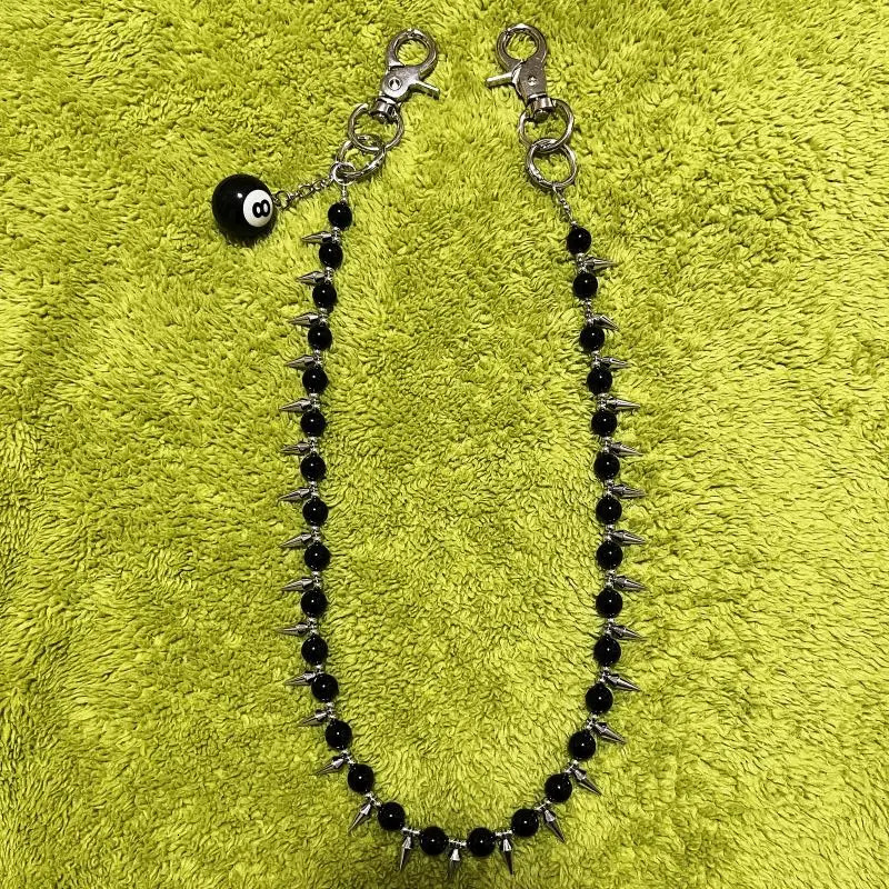 Original handmade denim pants chain exquisite high-end ultra bright black agate stone punk style keychain pendant 250414