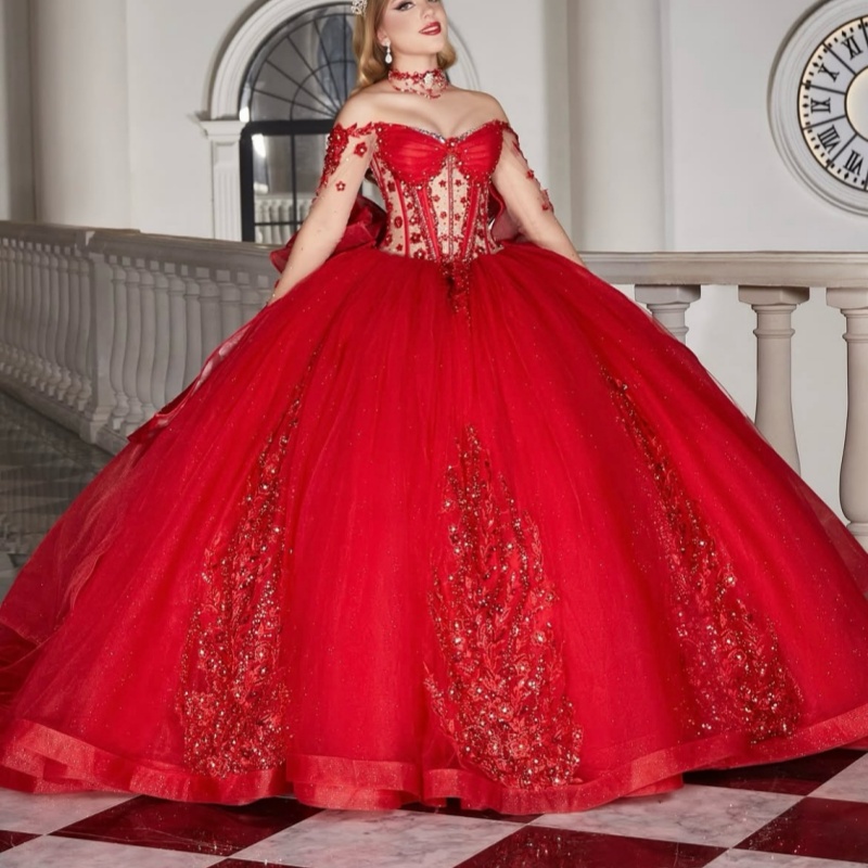 Red Quinceanera Dresses Off Shoulder Ball Gown Sweet 16 Dress Sequin Applique Lace Bow Beads Tull Birthday Party Vestidos 15 Anos