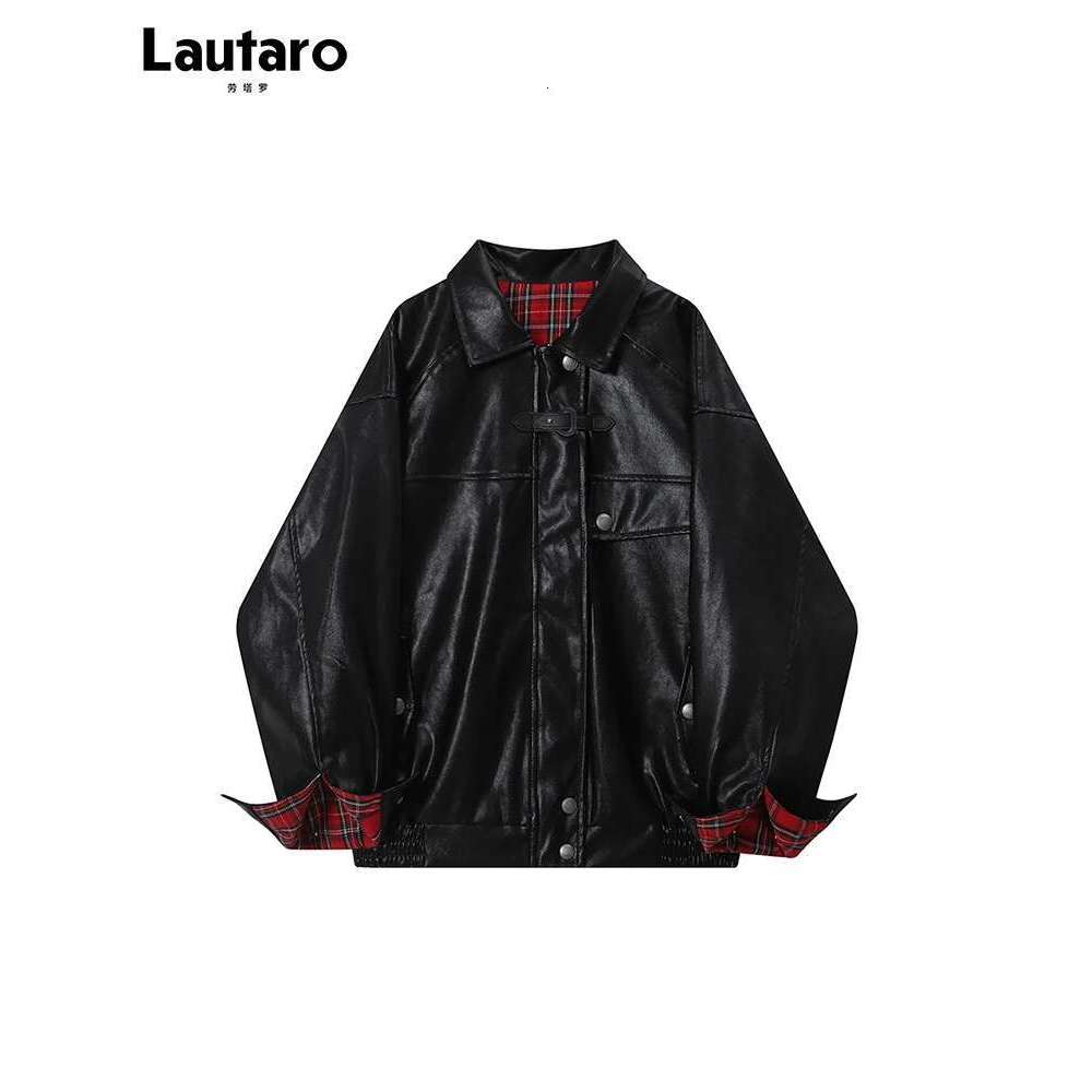 Designer Clothes Lautaro-Plaid Patchwork Pu Leather Jacket For Women, Oversized, Soft, Reversible, Long Sleeve, Designer Clothing, Spring