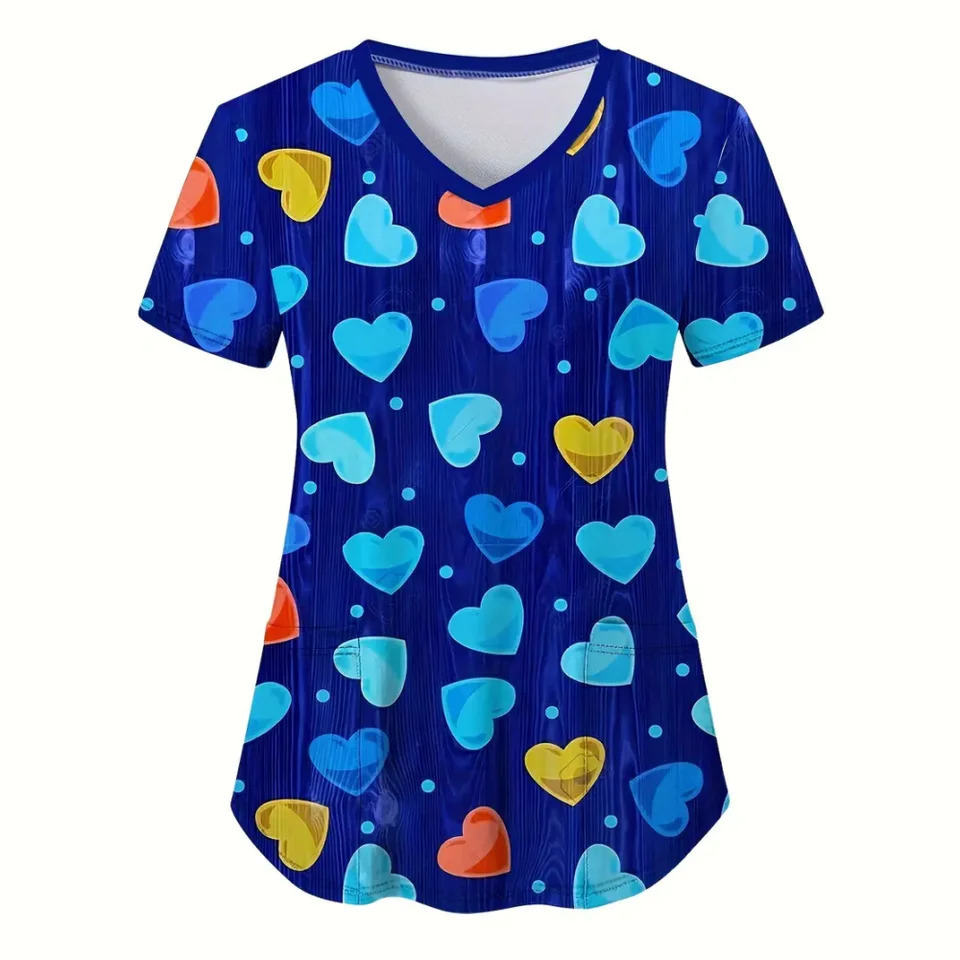 Clinical Uniform Woman Elegant Heart Print Health Care Scrub Uniform Trends V-Neck Short Sleeve Dental Nursing Uniform for Women 250415