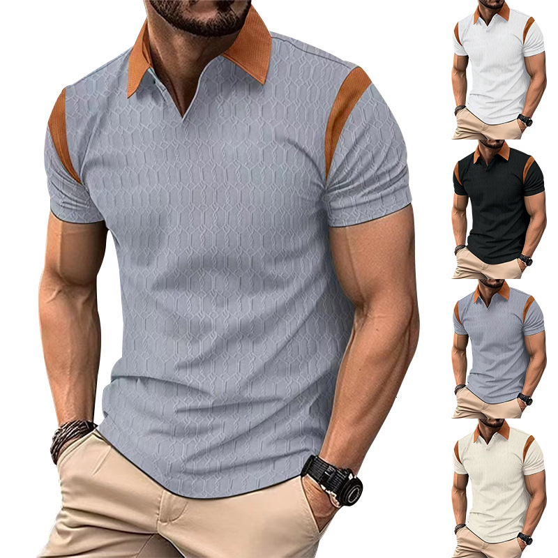 2025 summer new slim fit polo waffle jacquard color blocked lapel men's short sleeved shirt