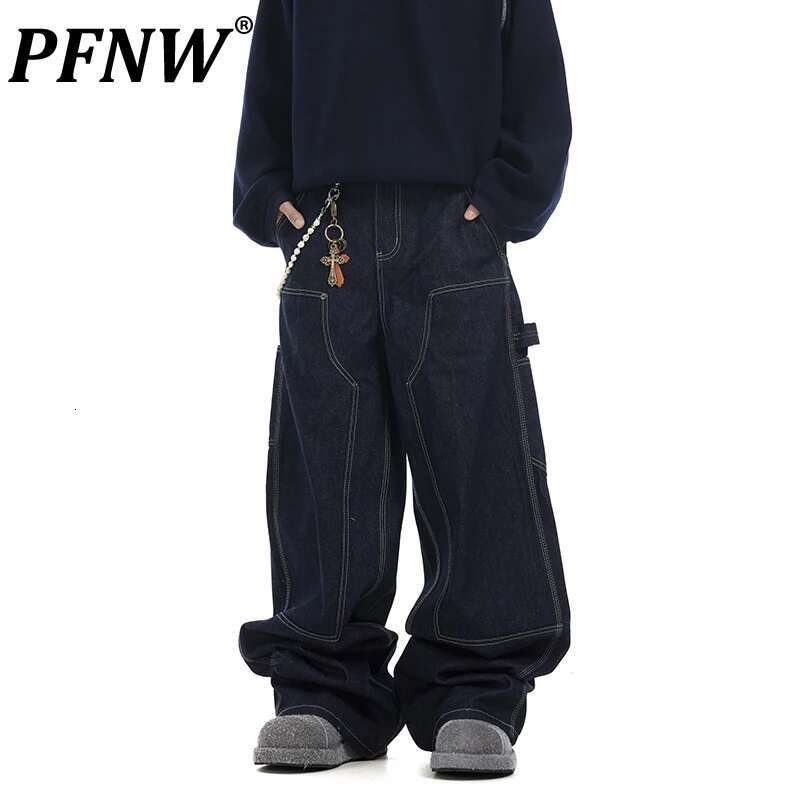Niche Hip-Hop Dark Blue Denim Silhouette Baggy Jeans American Loose Wide-Legged Traig Pants Men's Trousers Tide 28W5905