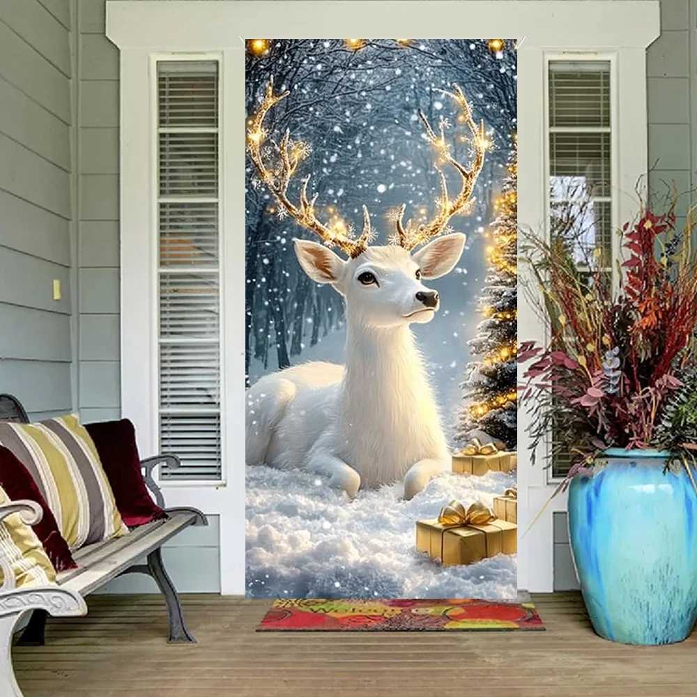 White Elk Snowy Scene Banner Xmas Door Cover Decoration Polyester Merry Christmas Winter New Year Holiday Photo Booth NavidadM251115