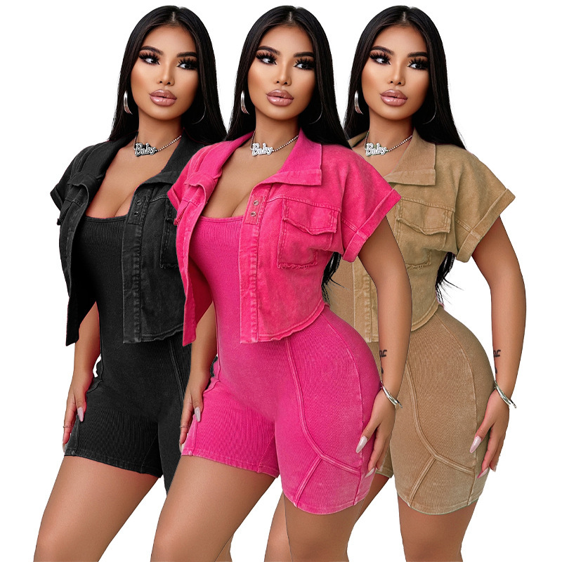 Womens Tracksuits Two Pieces Set Summer New Collection Washed And Worn Vest Jumpsuit Short Sleeved Jacket