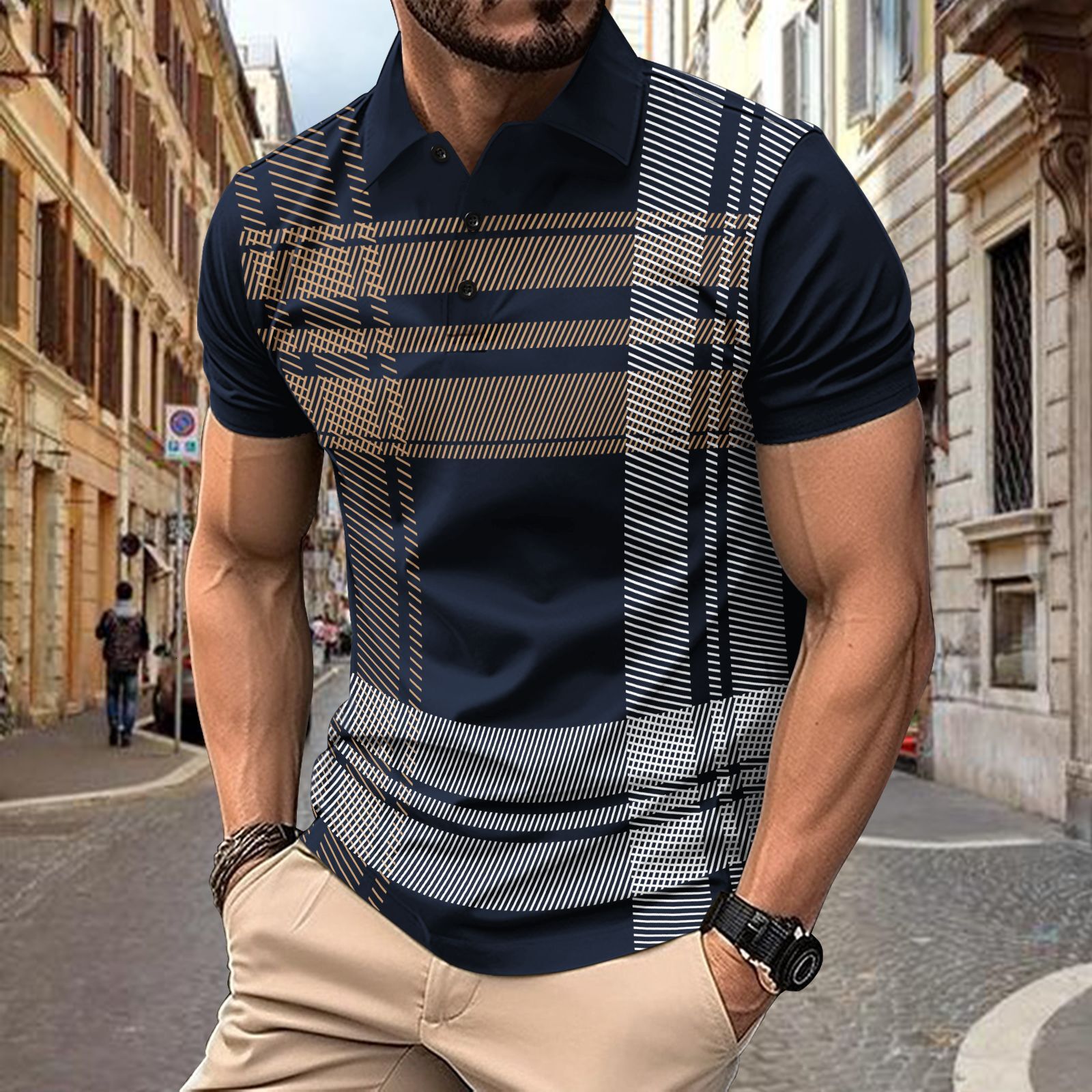 Fast selling Spring and Autumn Fashion Mens Polo Shirt Printed Striped Mens Sports Polo Shirt