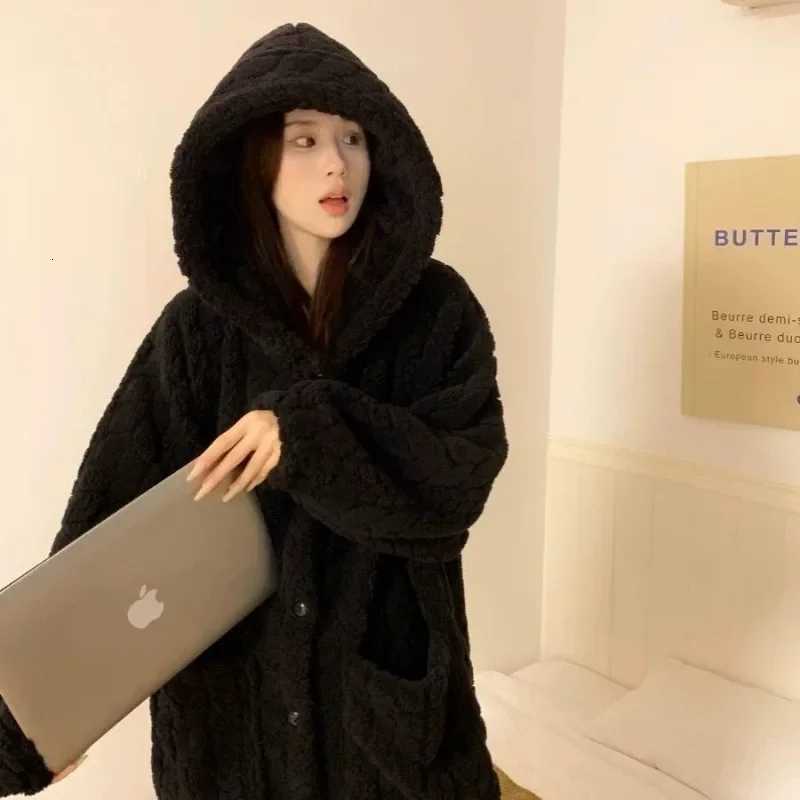 Black Robe for Women Sleepwear Winter Nightdress Night Wears Warm Fleece Pajama One Piece Nightgown Hooded Sleeping Homewear C251115