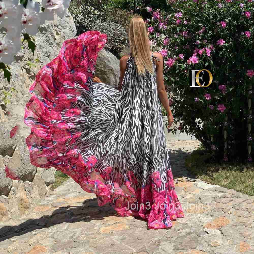 2025 Summer Dress with Neck Hanging Sleeveless Print Loose and Big Swing Sexy Off Shoulder Beach Dress