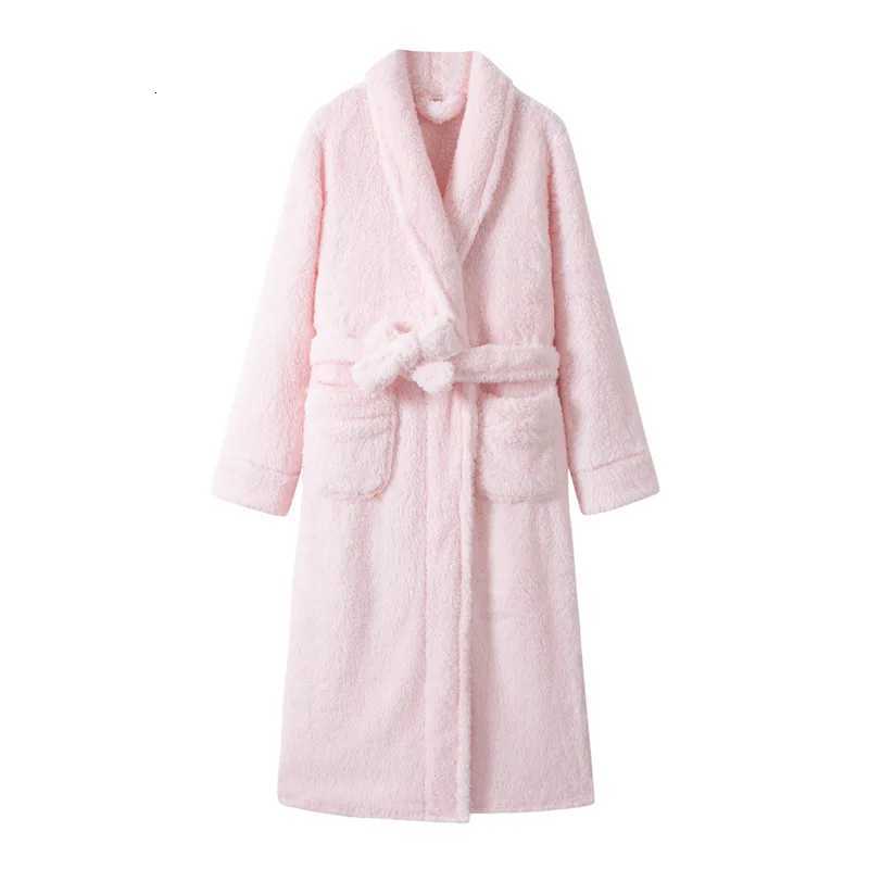 Elegant Pink Robe Flannel Kimono Gown Women Long Sleeve Bathrobe Autumn Winter Warm Sleepwear Loungewear with Pocket Nightgown C251115