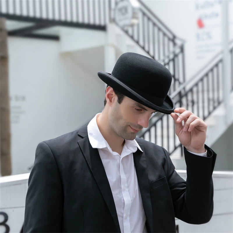 100% Wool Felt Black Derby Bowler Hat for Men Women Satin Lined Fashion Party Formal Fedora Costume Magician Cap 250407