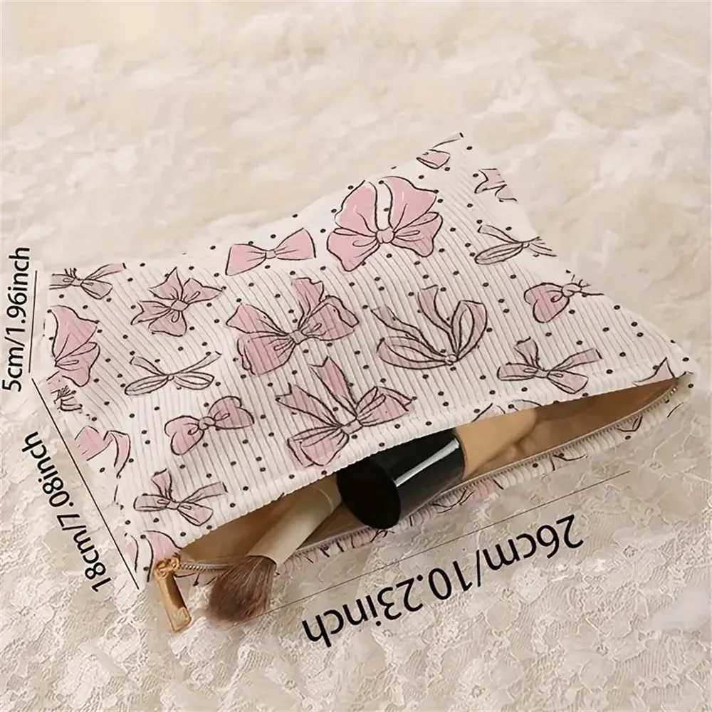 Corduroy Travel Makeup Bag Pink Bow Portable Makeup Storage Bag Wallet Large Capacity Zipper Toilet Organizer CluhXJ250415