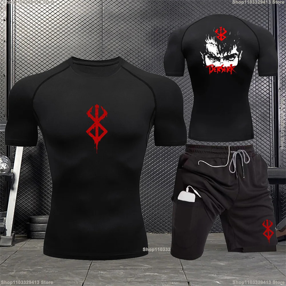 Compression Men Sports Clothing Two-Piece Summer Casual Fiess Suit Short-Sleev