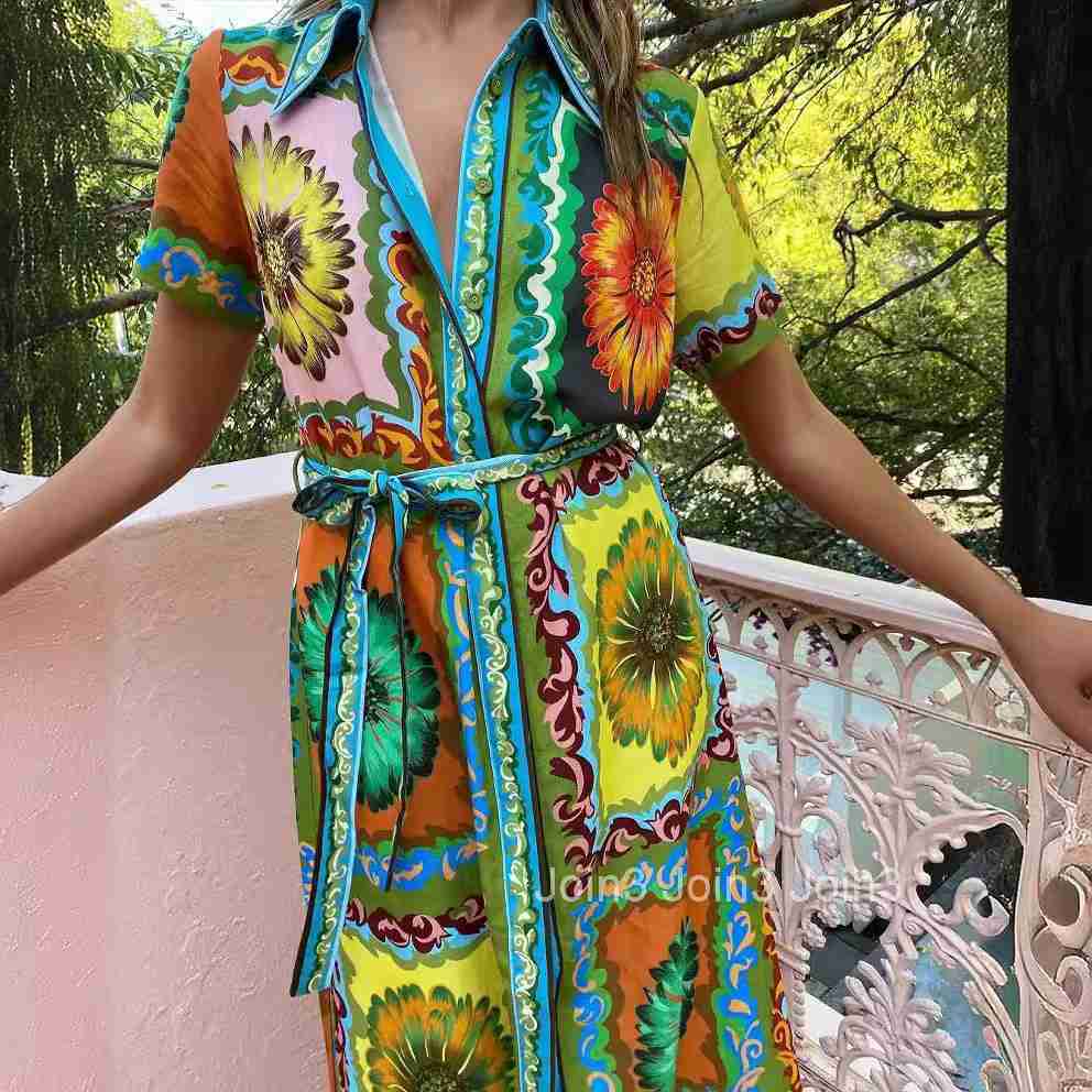 m New Printed Fashion Short Sleeve Loose Casual Lace Up Cardigan Dress