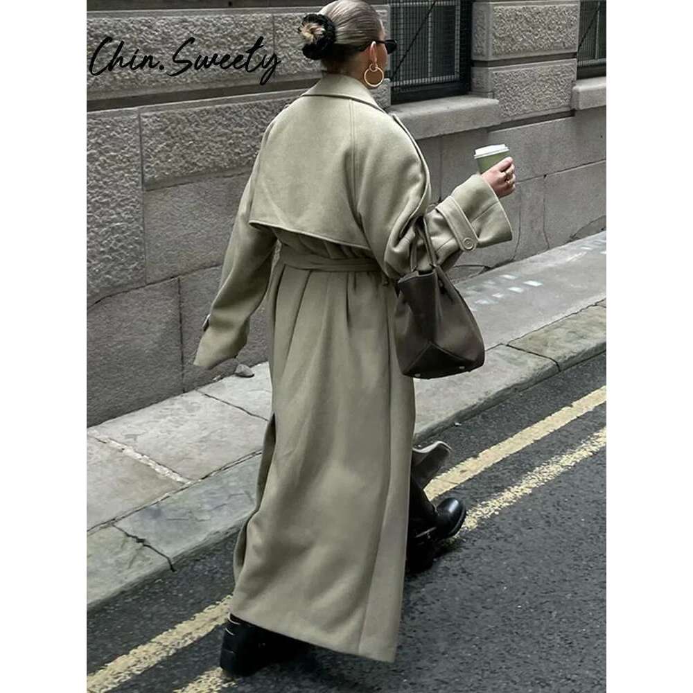 Designer Clothes Urban Solid Long Women Coat Casual Full Sleeve Belt Double Breasted Female Jacket 2024 Autumn Winter Lose Lady