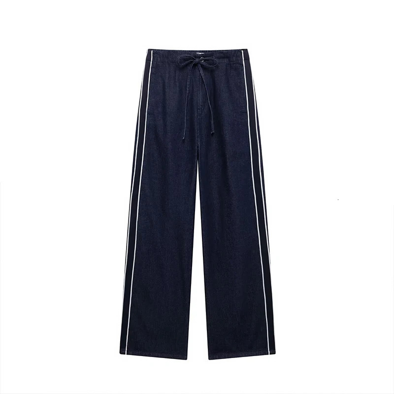 Willshela Womens Fashion Blue Lace Front Zipper Straight Pants Retro High Waist Full Length Trouser 250414Z