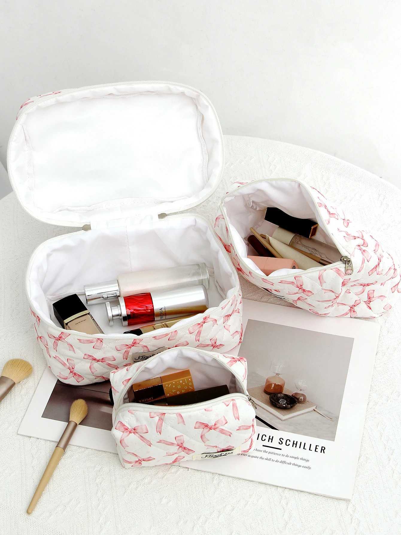 1 piece/set pink bow and star pattern printed quilted large capacity makeup bag portable travel makeup bag for girls makeup bagXJ250415