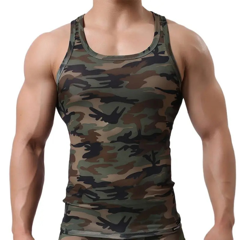 CLEVERMENMODE quick drying mens tank top sleeveless fitness shirt camouflage single shoulder strap vest elastic clothing 250407