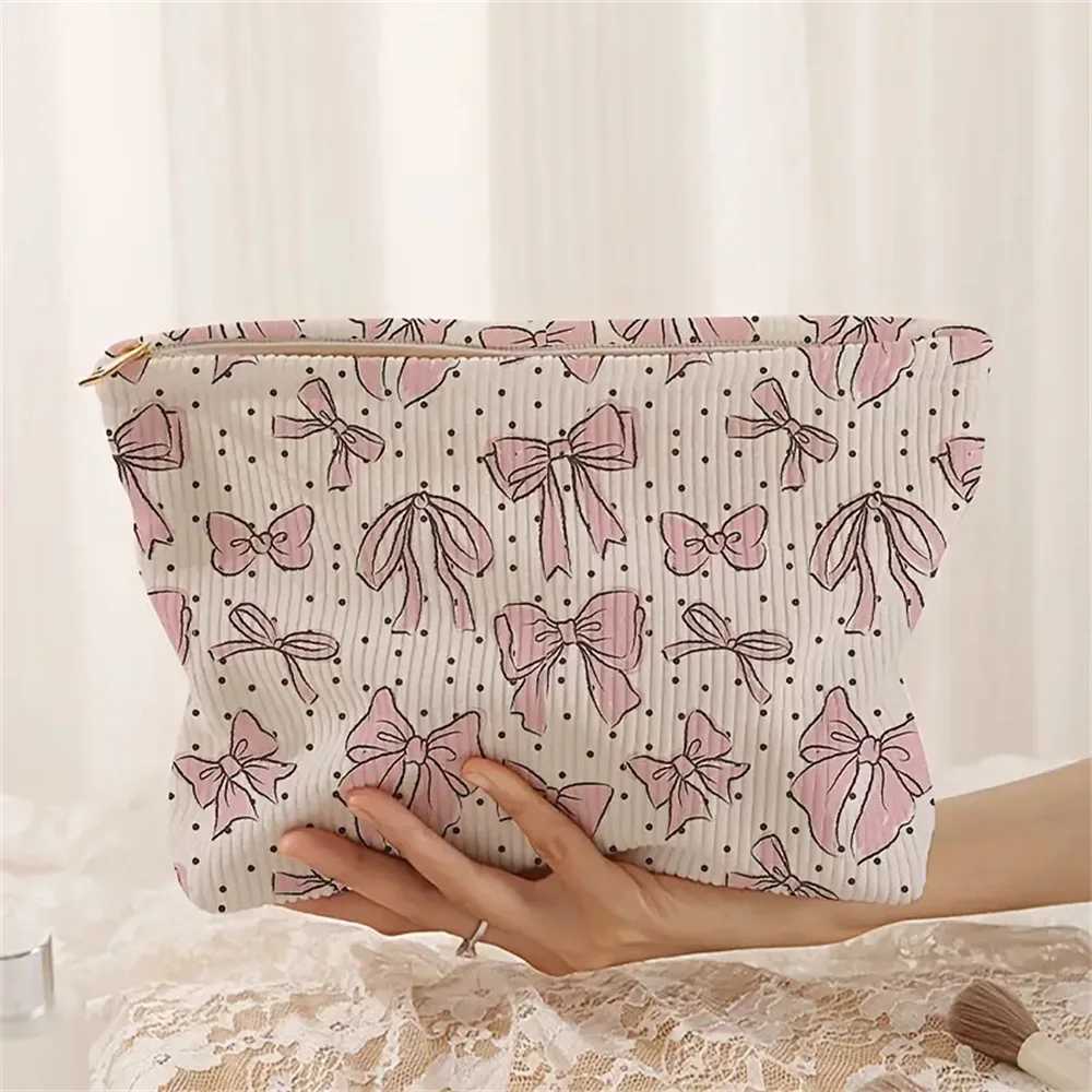 Corduroy Travel Makeup Bag Pink Bow Portable Makeup Storage Bag Wallet Large Capacity Zipper Toilet Organizer CluhXJ250415