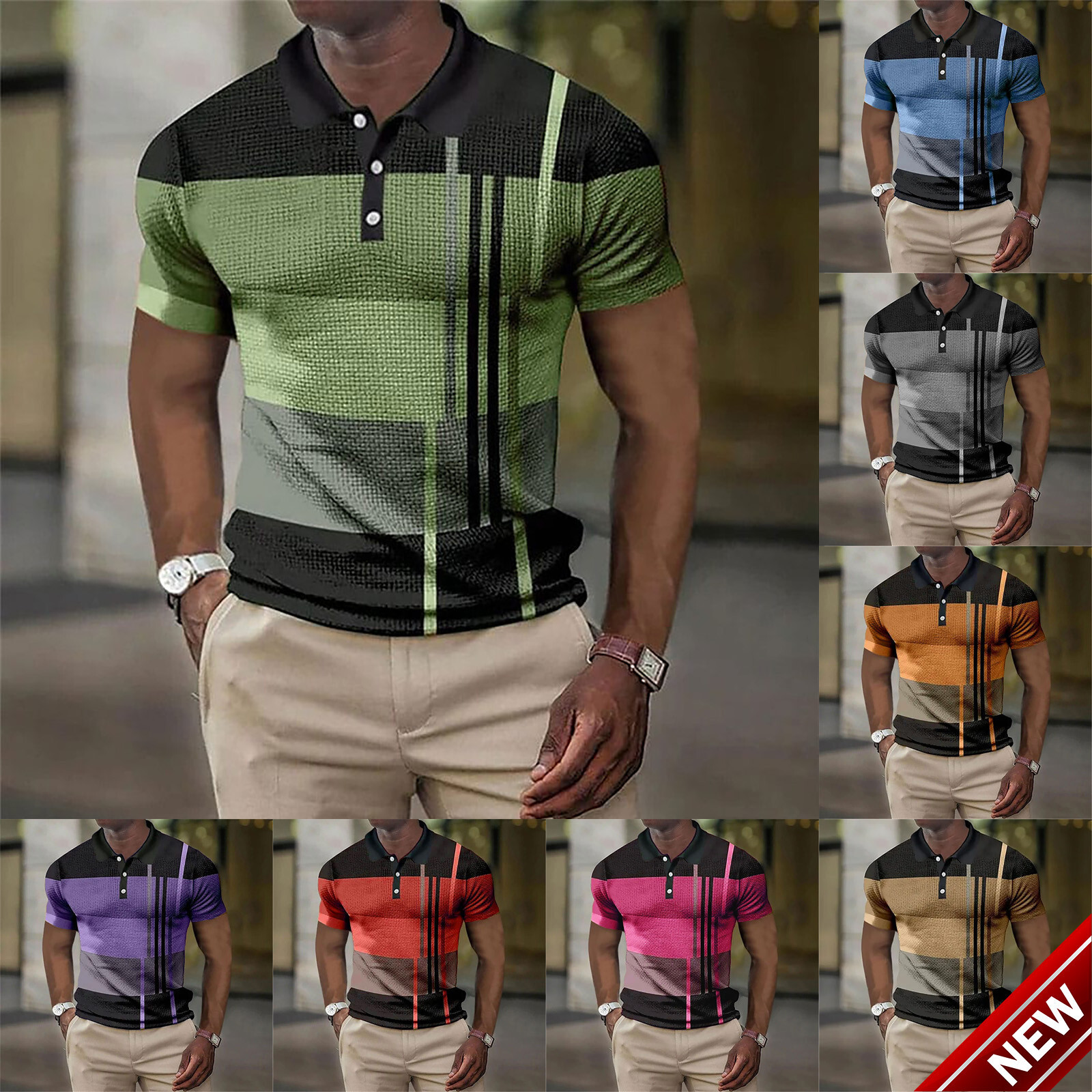 2025 Summer Fashion Printed Mens Polo Shirt Short Sleeve Color blocked Zipper T-shirt Top