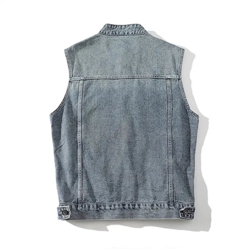 Autumn Denim Vest Men Sleeveless Vintage Moto Biker Jean Jacket Coat Fashion Casual Mens Stand Collar Denim Waistcoat Streetwear 250409