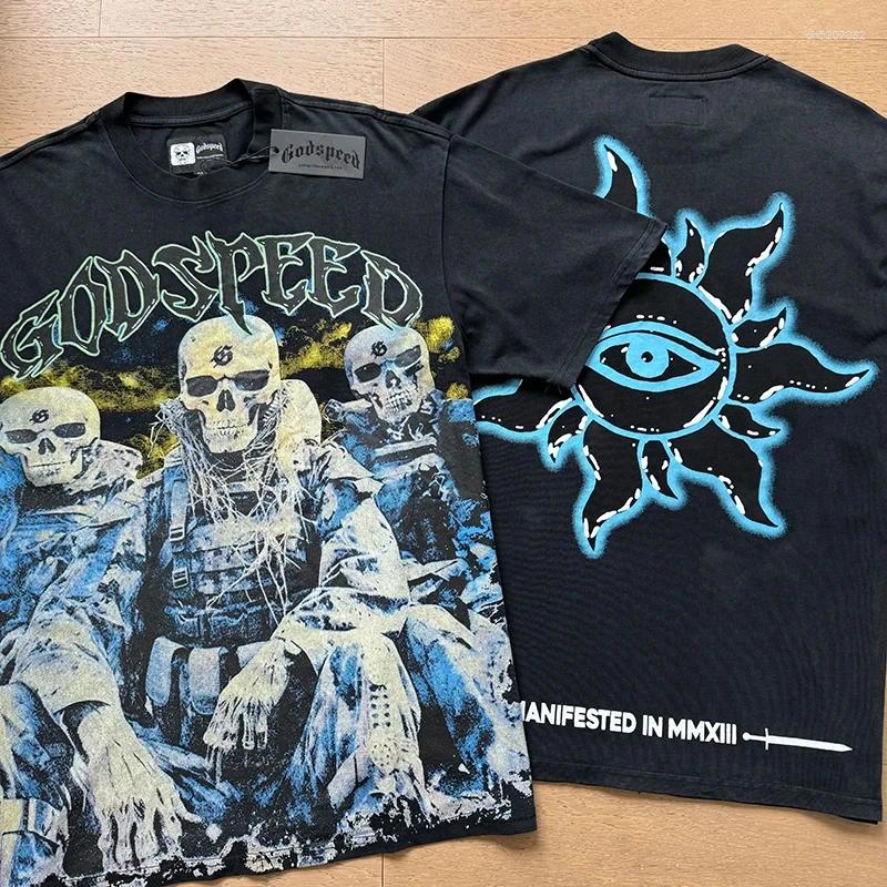 Men's T Shirts 25 Real Pos High Quality Godspeed T-shirt Trendy Street Retro Washed Couple Skeleton Print Cotton Short Sleeve Men Women