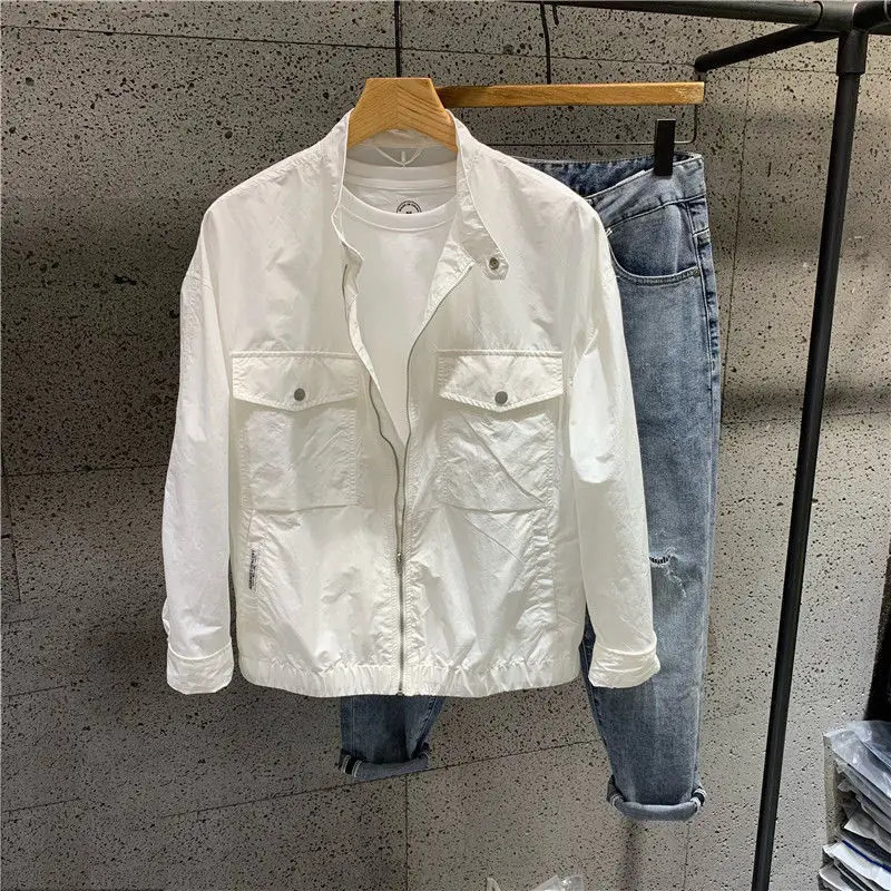 Beautiful mens Sunscreen summer clothing thin style loose fit fully matched standing collar pocket long sleeved zipper workwear jacket 250415