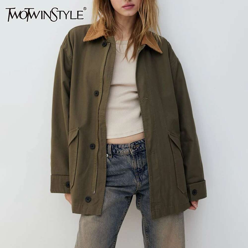 Designer Clothes TWOTWINSTYLE Solid Spliced Pockets Minimalist Jackets For Women Lapel Long Sleeve Patchwork Buttons Casual Coat Female Fashion
