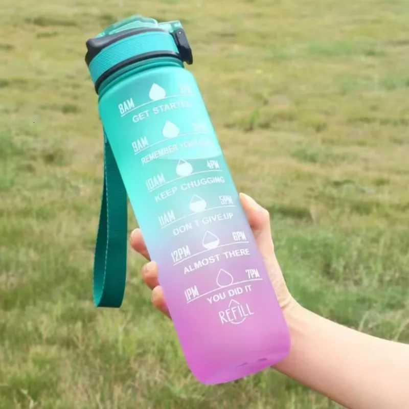 Gradient Color 1000ml Plastic Water Bottle with Straw Leak-Proof Sports Water Bottle for Outdoor Travel Fitness CyclingW251114