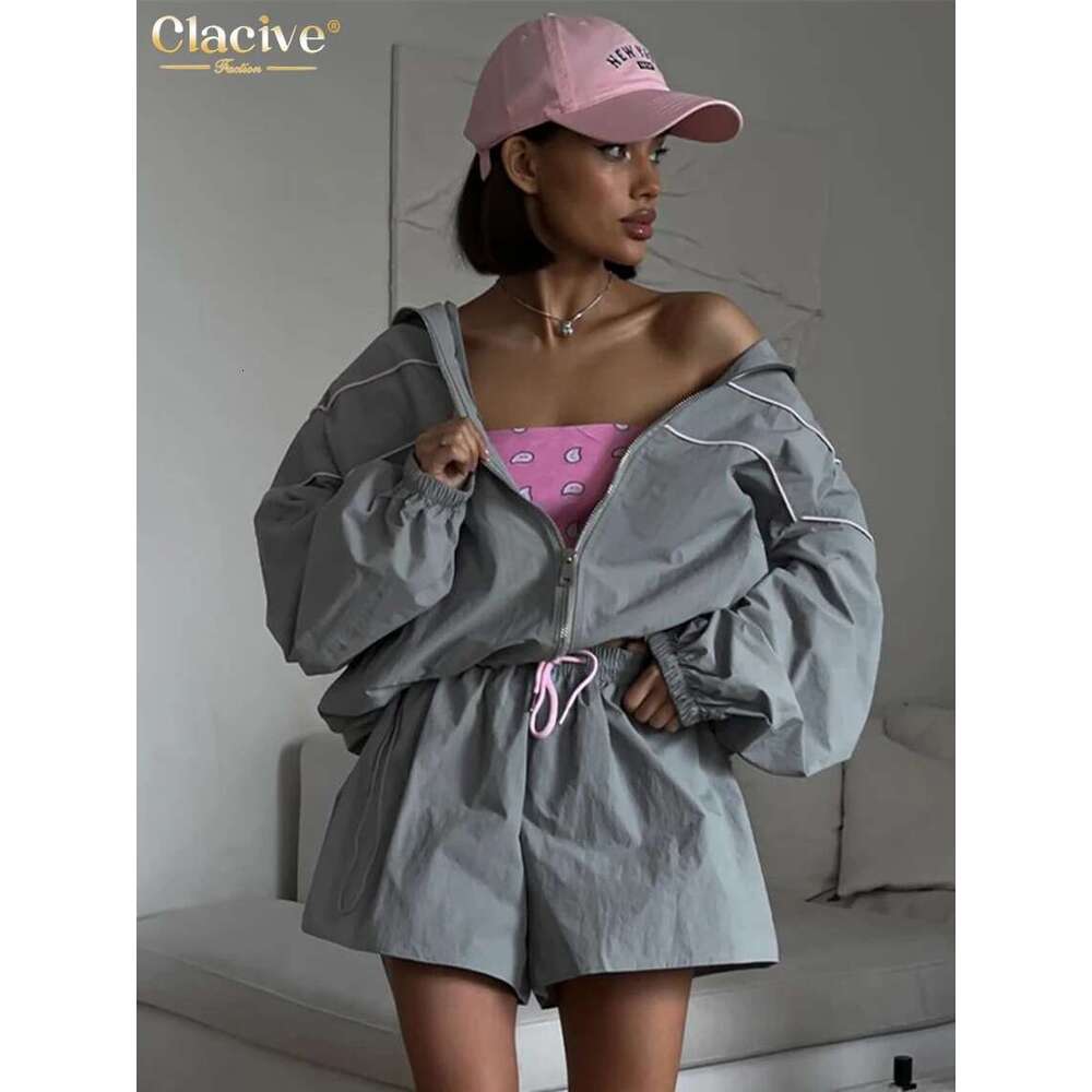 Clacive Fashion Loose Gray 2 Piece Sets Women Outfit 2024 Elegant Long Sleeve Shirt With High Waist Shorts Set Female Streetwear