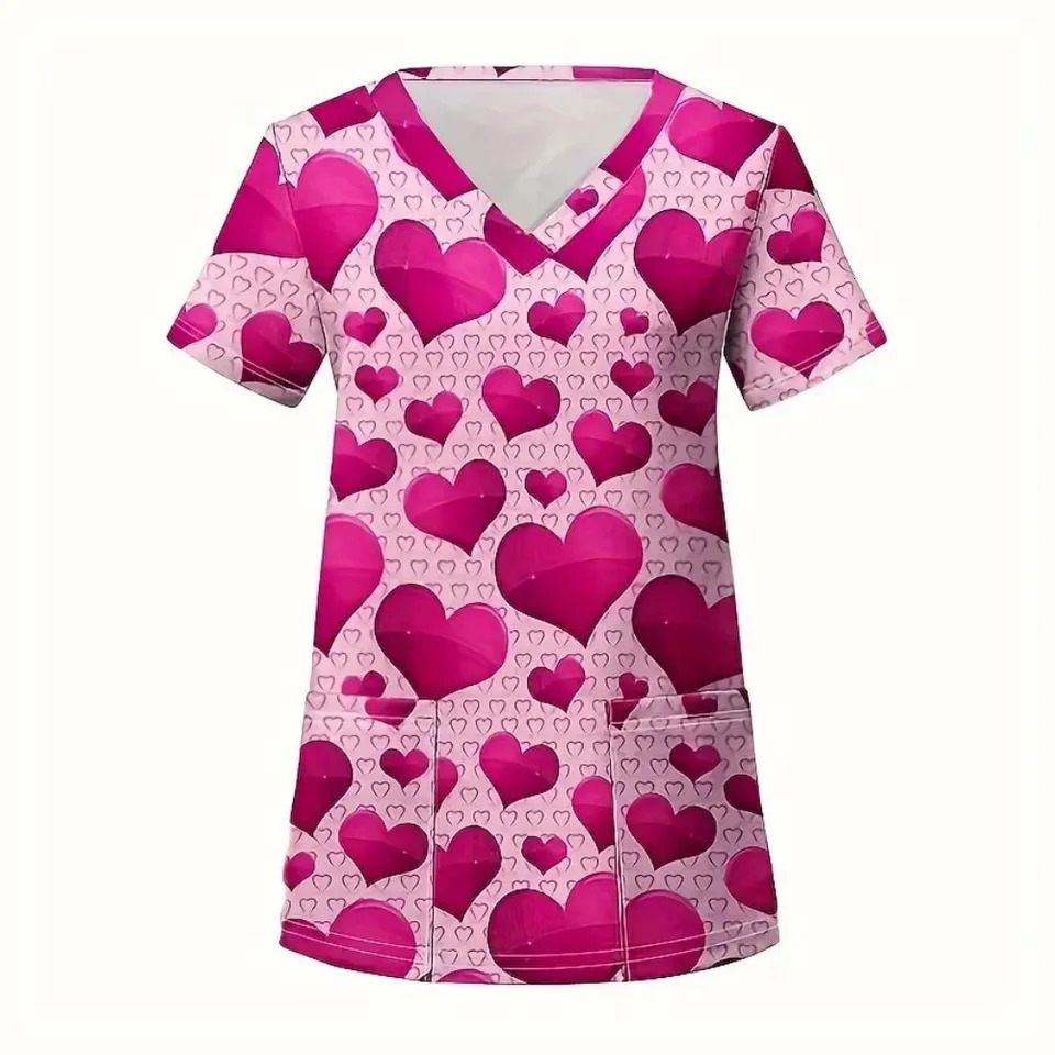 Clinical Uniform Woman Elegant Heart Print Health Care Scrub Uniform Trends V-Neck Short Sleeve Dental Nursing Uniform for Women 250415