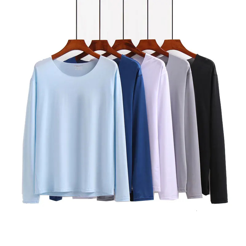 Large mens underwear seamless thin ice silk solid color transparent Tshirt long sleeved summer top 250407