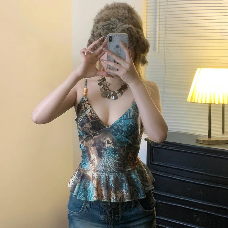 Sexy shoulder strap sleeveless vest fashionable womens patch work V-neck retro street top casual Y2K spring/summer T-shirt 250415