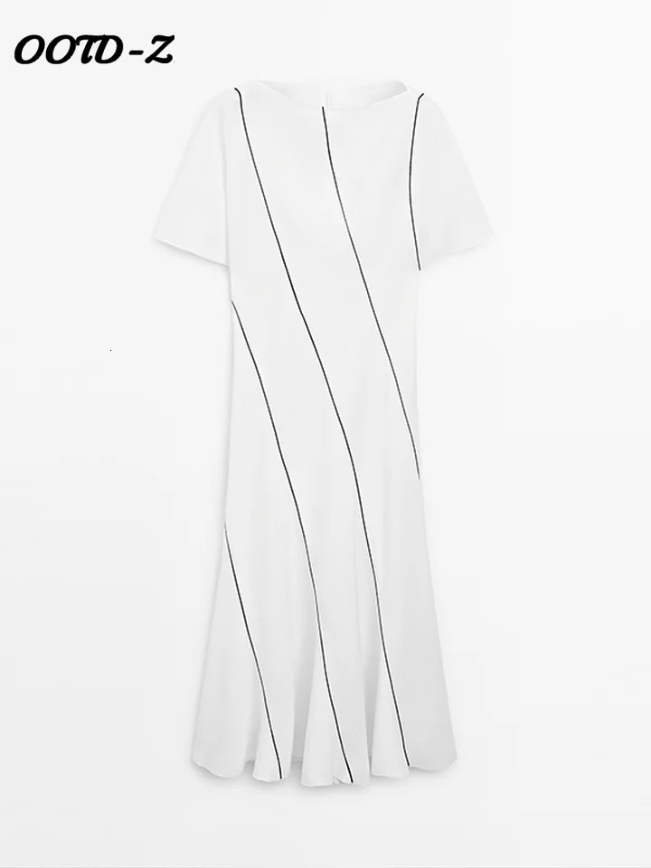 Elegant striped womens long skirt short sleeved O-neck zipper pleated womens dress spring/summer fishtail womens long robe 250415