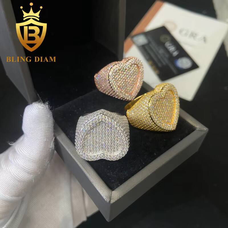 925 Sterling Silver Moissanite Rings Heart Shape Ring Iced Out Moissanite Hip Hop Jewelry High Quality Diamond Pass Diamond Test