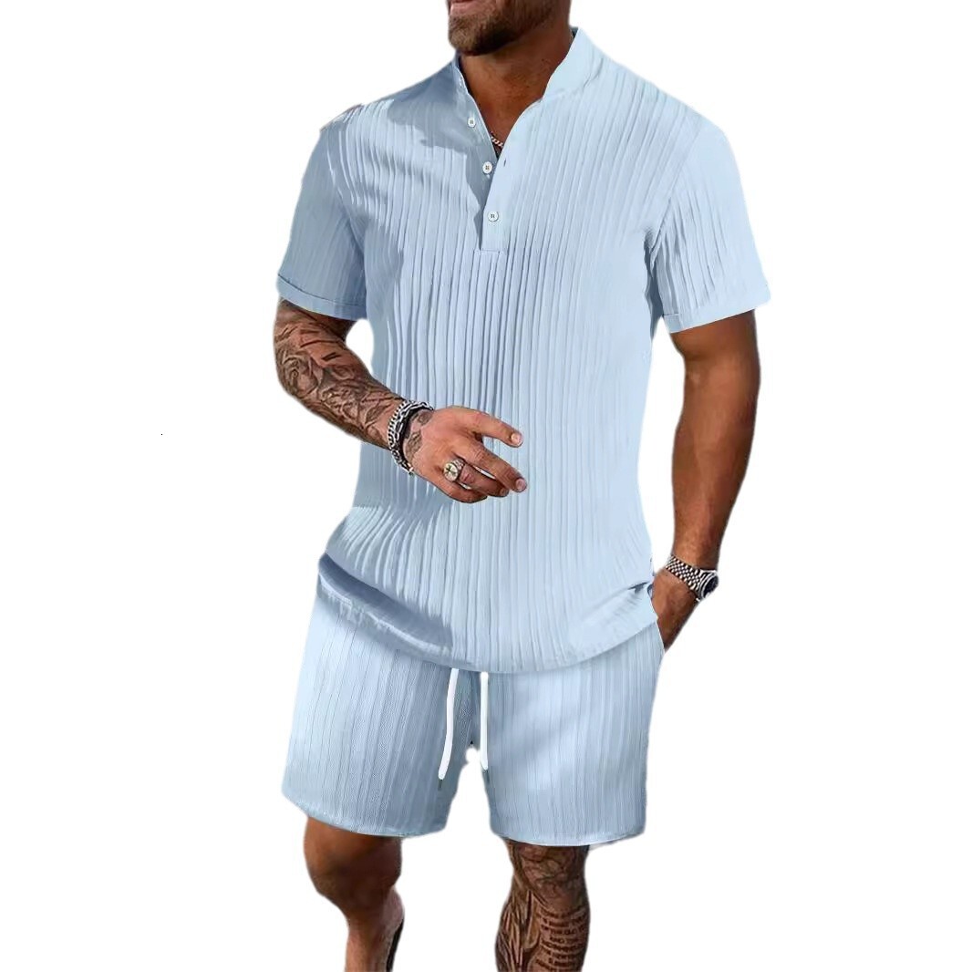 Summer fashion short sleeved casual mens set beach wear stand up collar shirt shorts 2-piece set