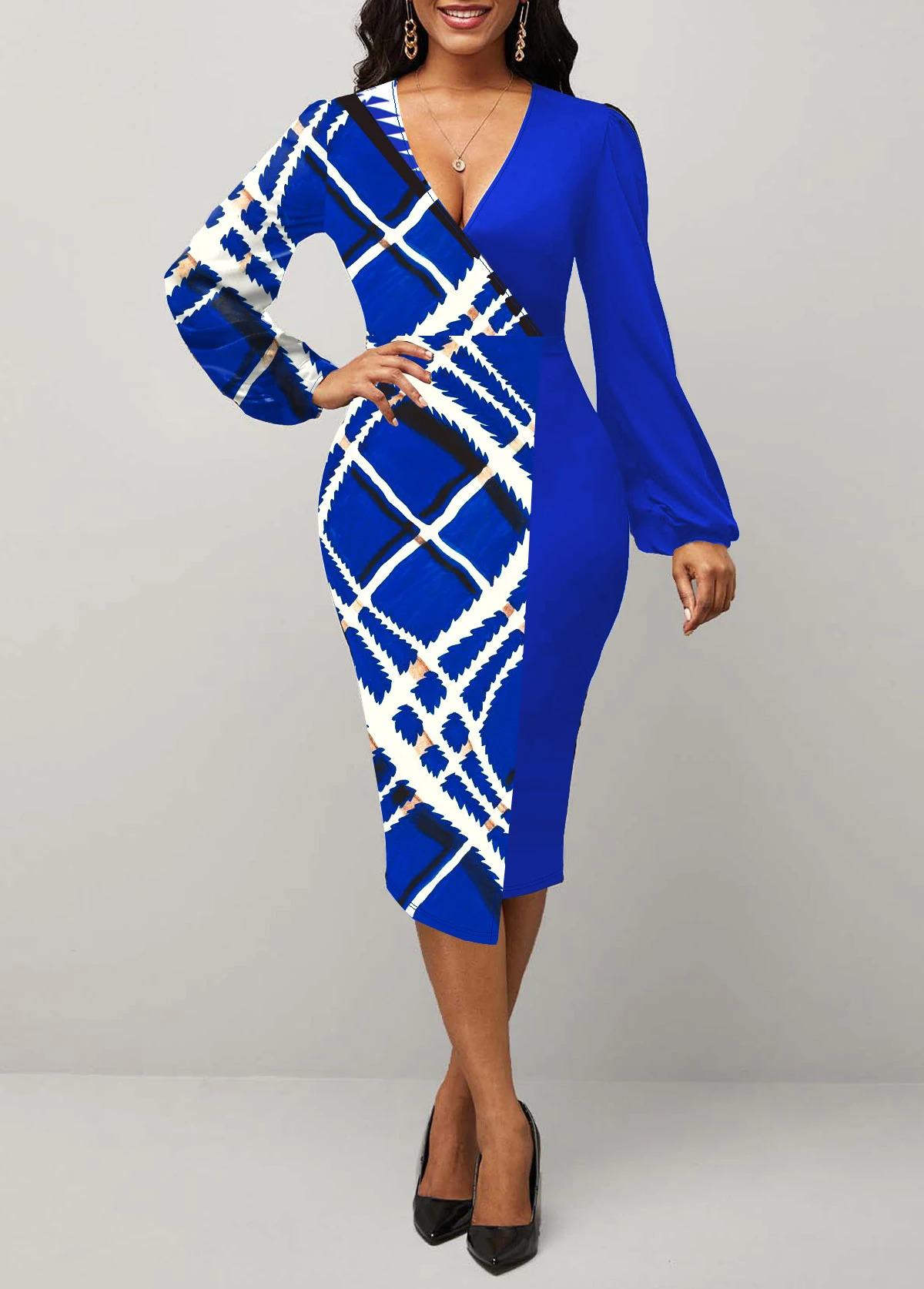 Plus size plain weave patchwork dress elegant Surplice collar long sleeved for women plus clothing 250407