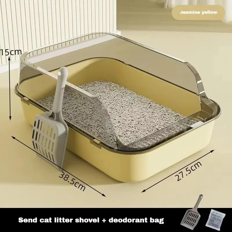 Semi-Enclosed Cat Litter Box High Side Splashproof n Large Capacity Kitty Sandbox with Litter Scoop Easy Clean Pet Supplies 250414