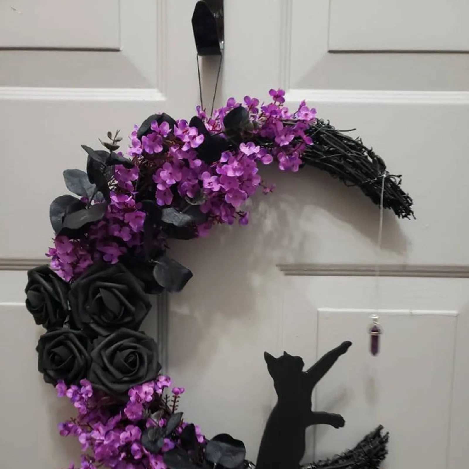 Moon Shaped Door Wreaths Halloween Decorations Welcome Sign Goth Roses Black Cats Garland Front Door Ornament Halloween SignsM251115