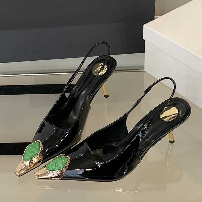 Designer Fion Design Inlay Gems Pointed Toe Patent Leather Sexy Slingback Sandals Wen Pumps High H Wedding Banquet Shoes Y251115