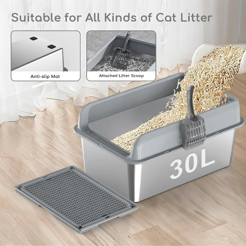 2 Pack Stainless Steel Cat Litter Box with LidXL Large Metal Cat Litter BoxHigh Wall Sided Enclosure Kitty Litter Box 250414
