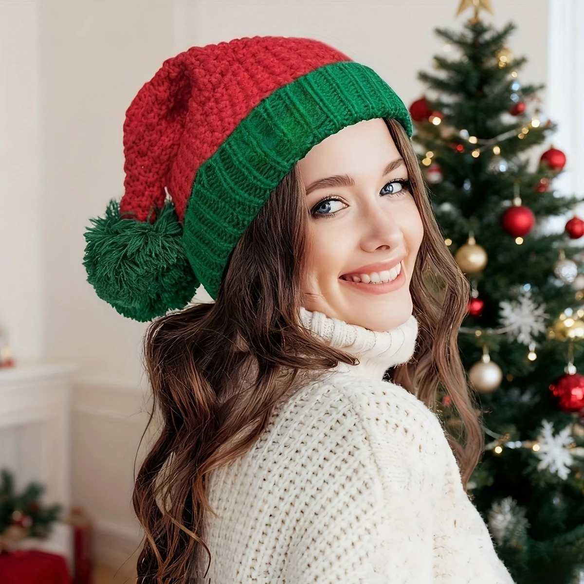 Christmas Hat Contrast Ball Party Cap Suitable for Xmas Parties Activities Knitted Santa Hats Festive Headwear Xmas Party Hat Y251115