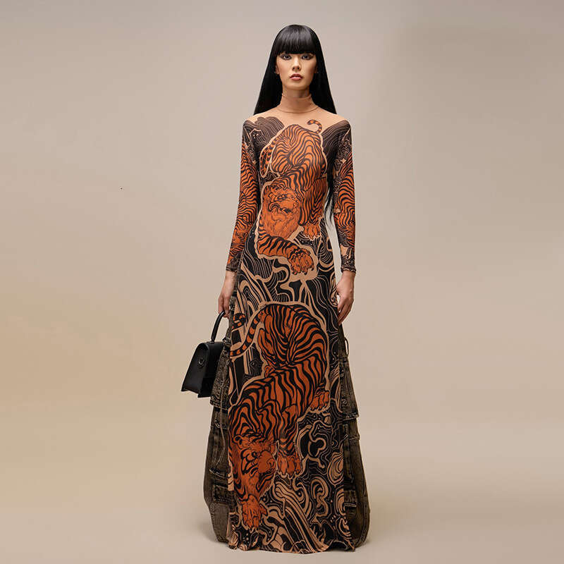 Women's Wear Spring New Women's Personalized Street Fashion Printed Mesh Half Collar High Fork Long Top