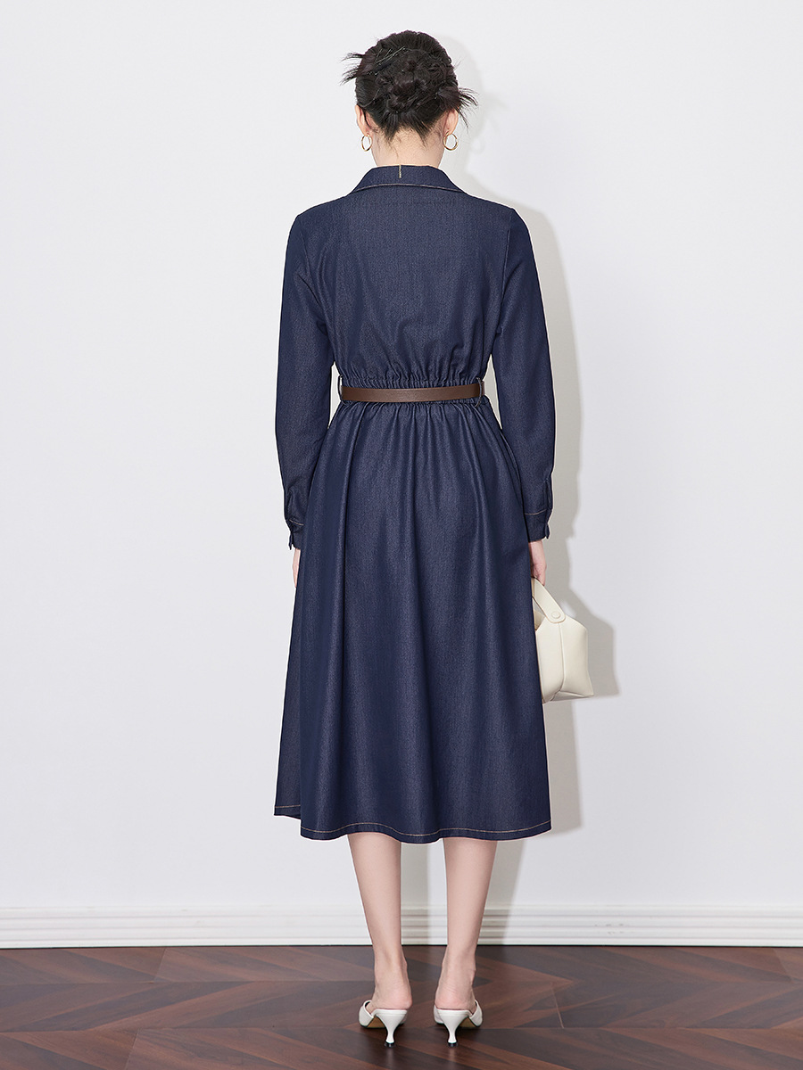 G3901 High Quality Lapel Blue Work Shirt Dress Women's Spring New Fashion Temperament Waist Denim Skirt