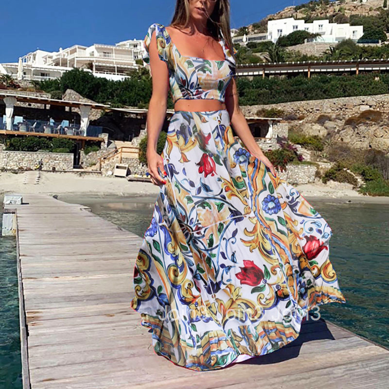 2025 Summer New Waist Top Fashionable Sexy Printed Dress Long Dress Two Piece Set